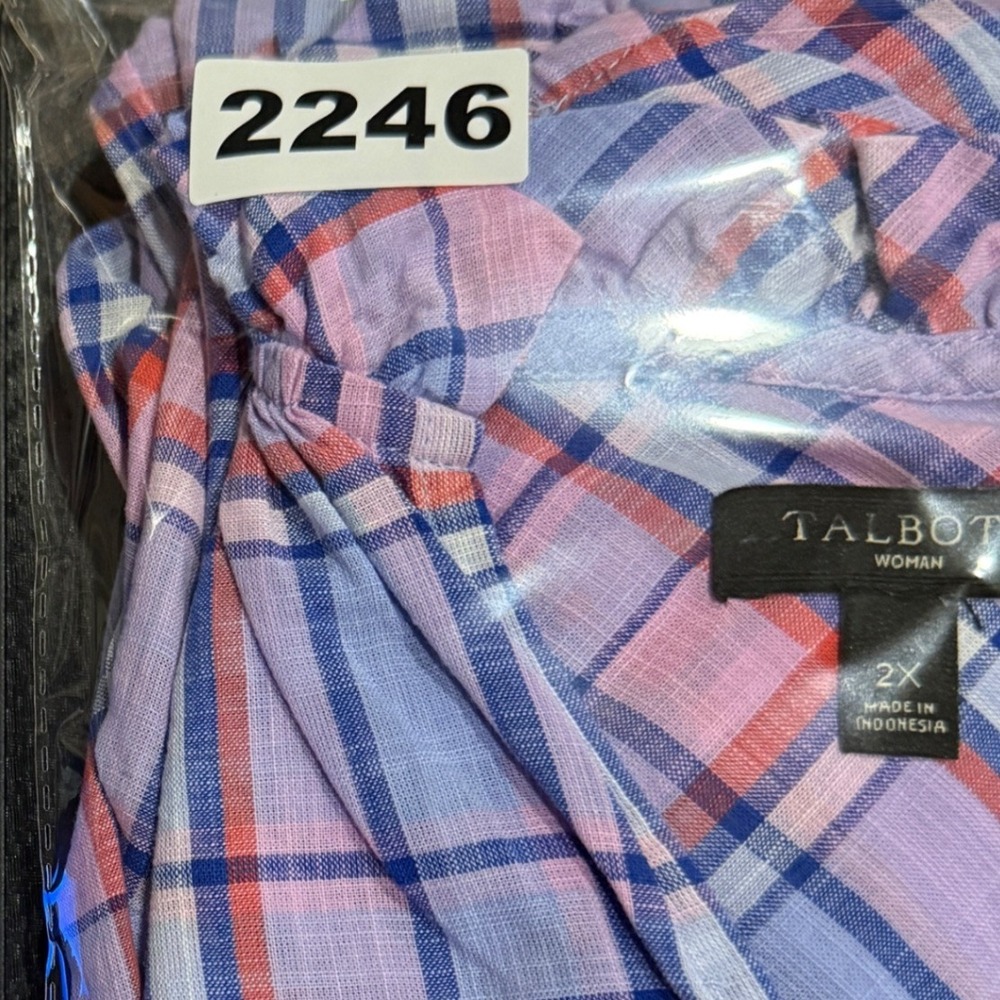 Talbots Woman 2X Purple Pink Plaid Ruffle Neck Cotton Blouse Long Sleeve 2246 - Picture 7 of 7